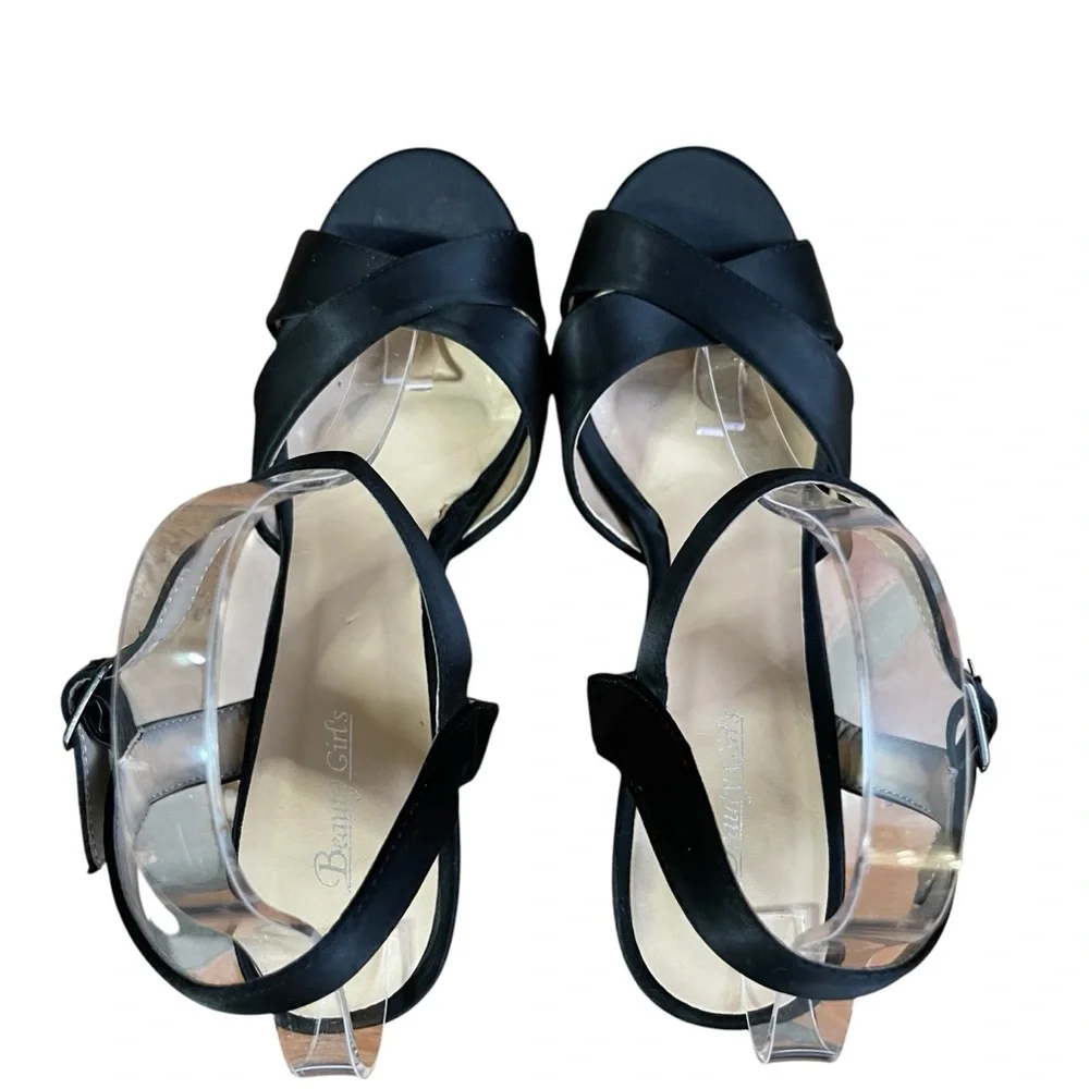 Chic Black Satin Platform Heel Sandals with Silver Studded‎ Accents Ankle strap